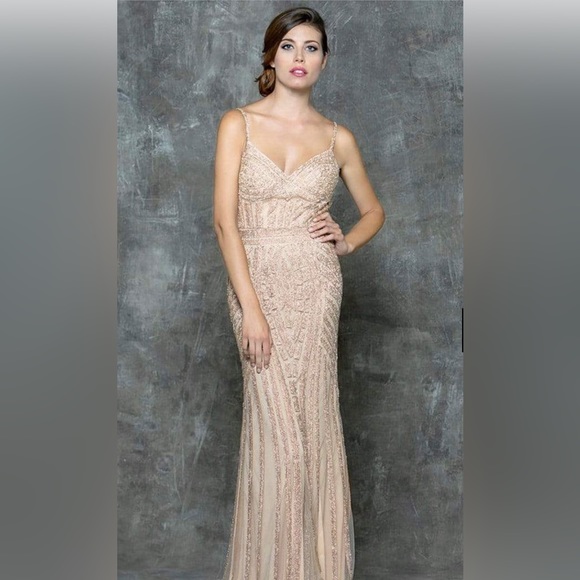 adrianna papell blush sequin dress Adrianna Papell Art Deco Blouson Beaded Gown